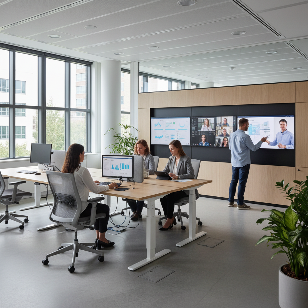 Birou modern cu tehnologie integrată, unde angajații colaborează eficient.