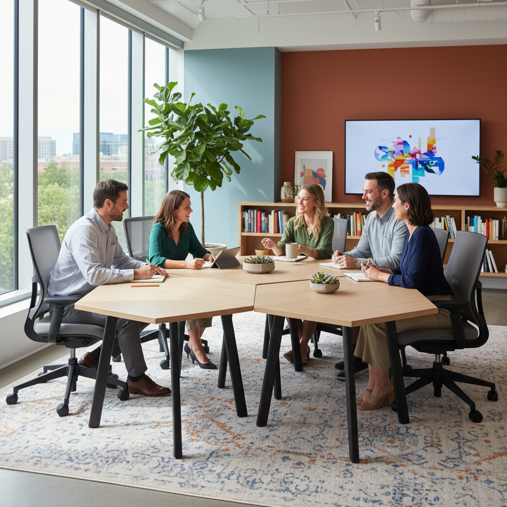 O echipă diversă colaborează într-un spațiu de birouri modern, ergonomic, cu mobilier modular și multă lumină naturală, simbolizând încrederea și comunicarea.