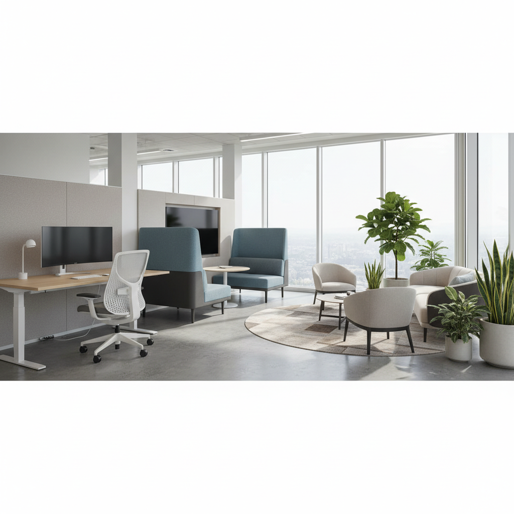 Un birou modern, ergonomic, cu zone variate de lucru, lumină naturală și plante, proiectat pentru bunăstare și productivitate.