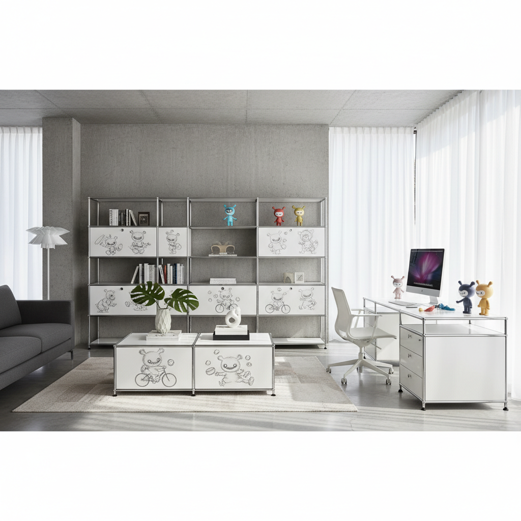 Mobilier modular USM Haller alb, decorat cu ilustrații jucăușe Labubu, într-un spațiu modern