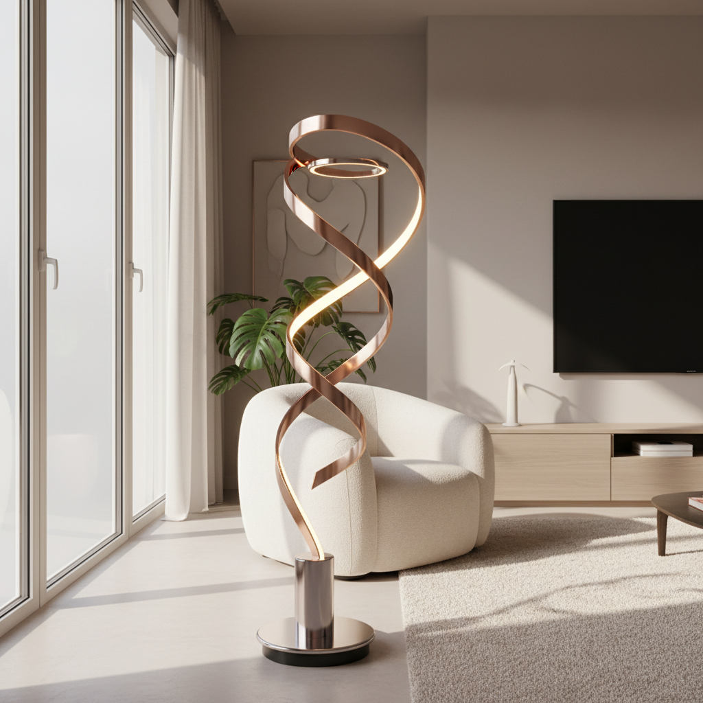 O viziune modernă asupra livingului, cu un corp de iluminat futuristic, inteligent, și un scaun gonflabil elegant.