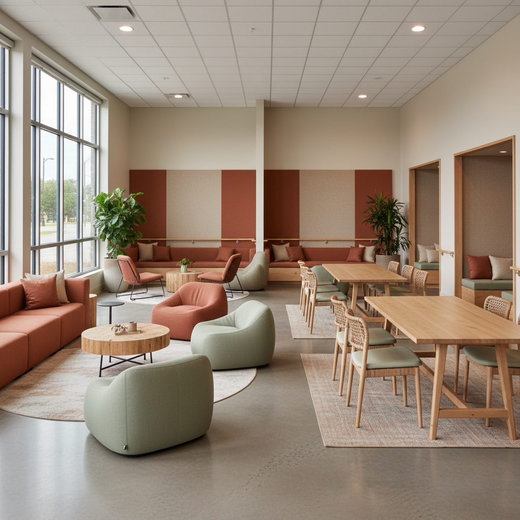 Interiorul unui centru de wellness modern, cu scaune adaptabile, mese comune și mobilier confortabil, conceput pentru accesibilitate incluzivă.