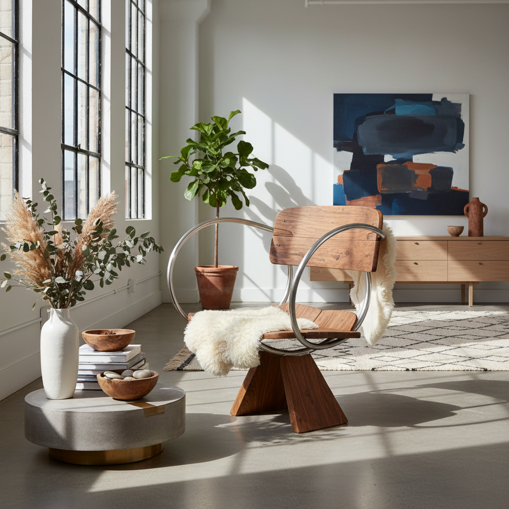 Scaun sculptural neconvențional din metal și lemn într-un interior modern, cu elemente de design unice.