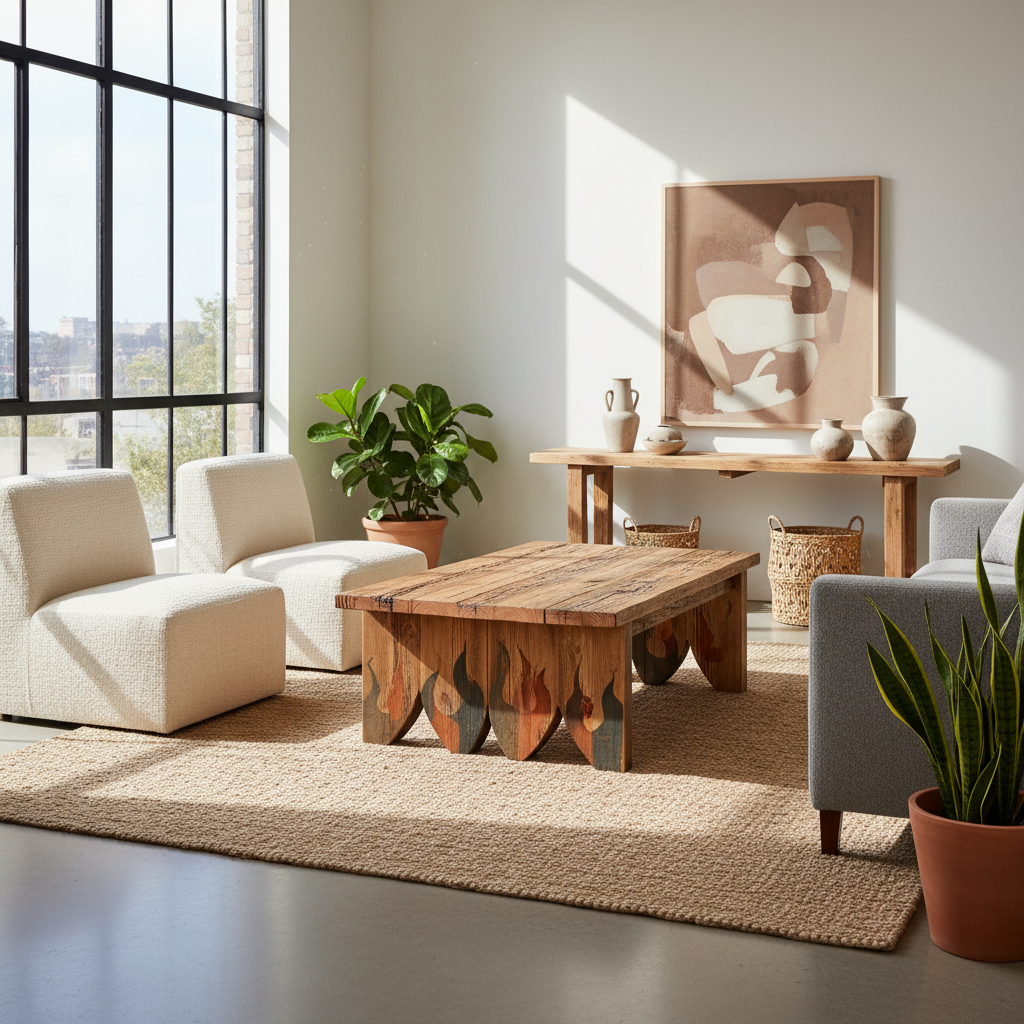 Măsuță de cafea unică din lemn de construcții, cu picioare în formă de flacără și blat texturat, într-un interior modern și cald.