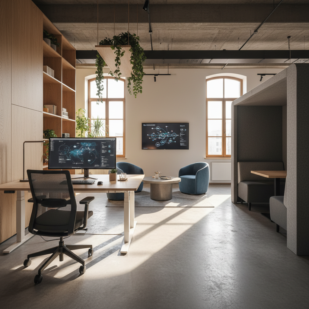 Imagini cu un birou modern, flexibil, cu zone de lucru individuale și spații de colaborare.