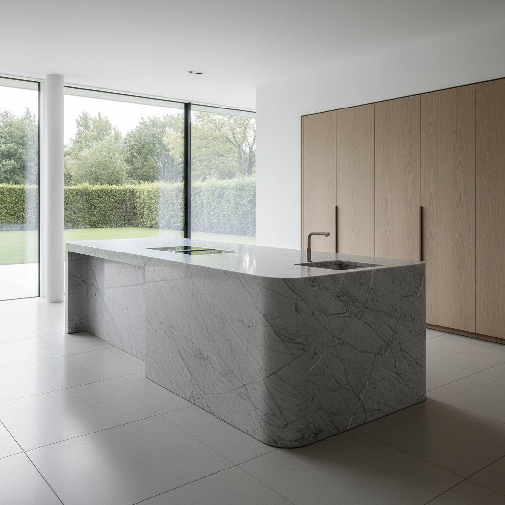 Insula de bucătărie Kora, un design elegant și funcțional de Antonio Citterio pentru Arclinea, într-o bucătărie modernă.