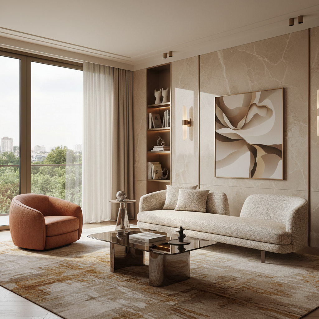 Mobilier de lux Sicis într-un living modern, cu fotoliul Amaro, canapeaua Mirai și masa Vertex, luminat natural.