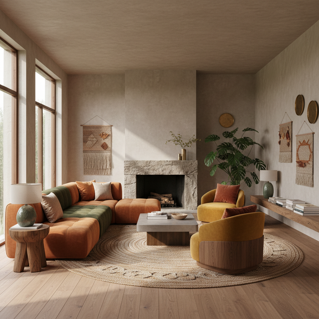 Living room modern cu mobilier modular, canapele reconfigurabile și accente de design din materiale naturale.