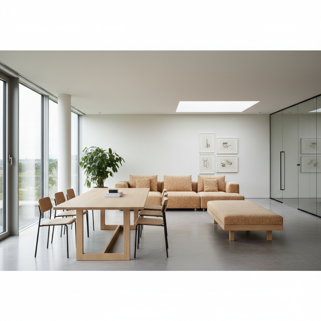 Mobilier modern din colecția Made to Measure, cu picioare din lemn înclinate și tapițerie din plută, într-un birou deschis, inundat de lumină naturală.