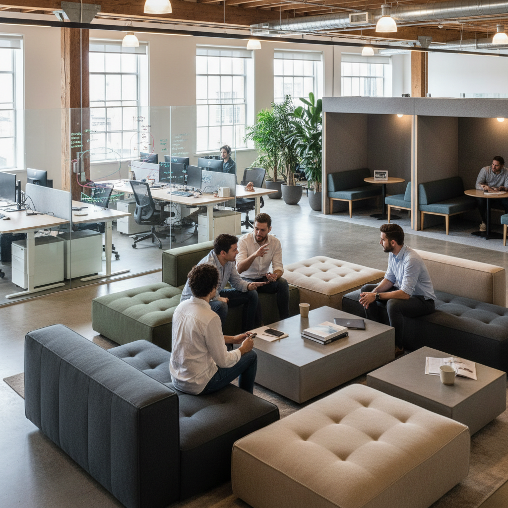 Birou modern, luminos, cu zone deschise pentru colaborare și cabine private, exemplificând un design care încurajează co-crearea.
