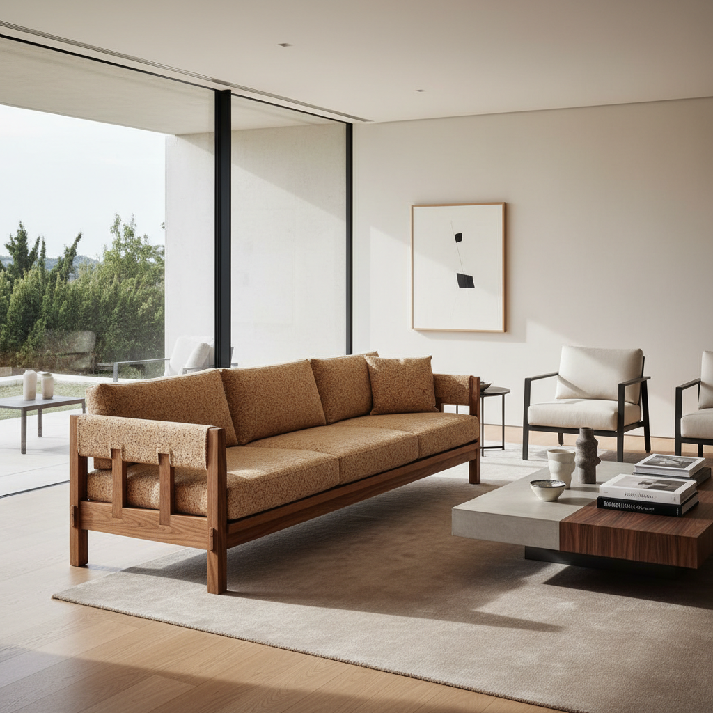 Mobilier modern Molteni&C în living, cu sofa din colecția "Made to Measure" și mobilier de exterior "Soleva".