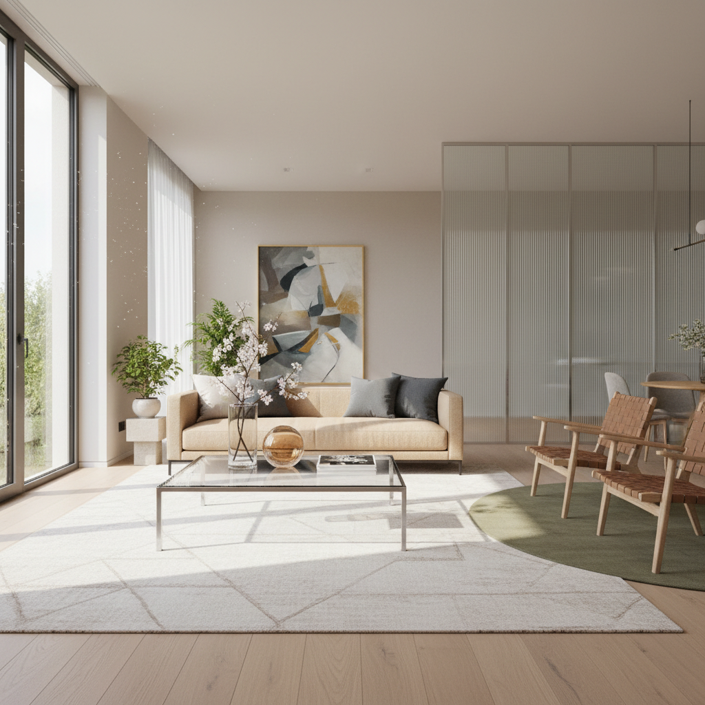 O sufragerie modernă și luminoasă, cu o măsuță de cafea elegantă din sticlă, accentuând rafinamentul și deschiderea spațiului.