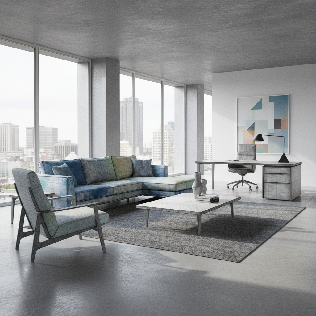 Mobilier modern "Geometriæ" de Front și Moroso, cu iluzii optice de desen 3D, într-un living elegant.