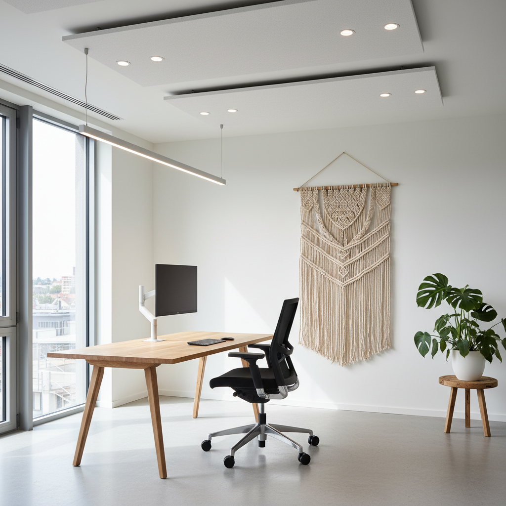 Spațiu de lucru modern și ergonomic, cu iluminat eficient și elemente naturale.