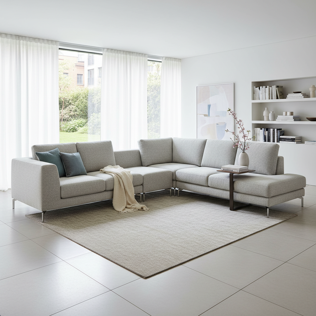 Canapea modulară modernă, elegantă, cu linii curate și picioare subțiri din metal, într-un interior contemporan