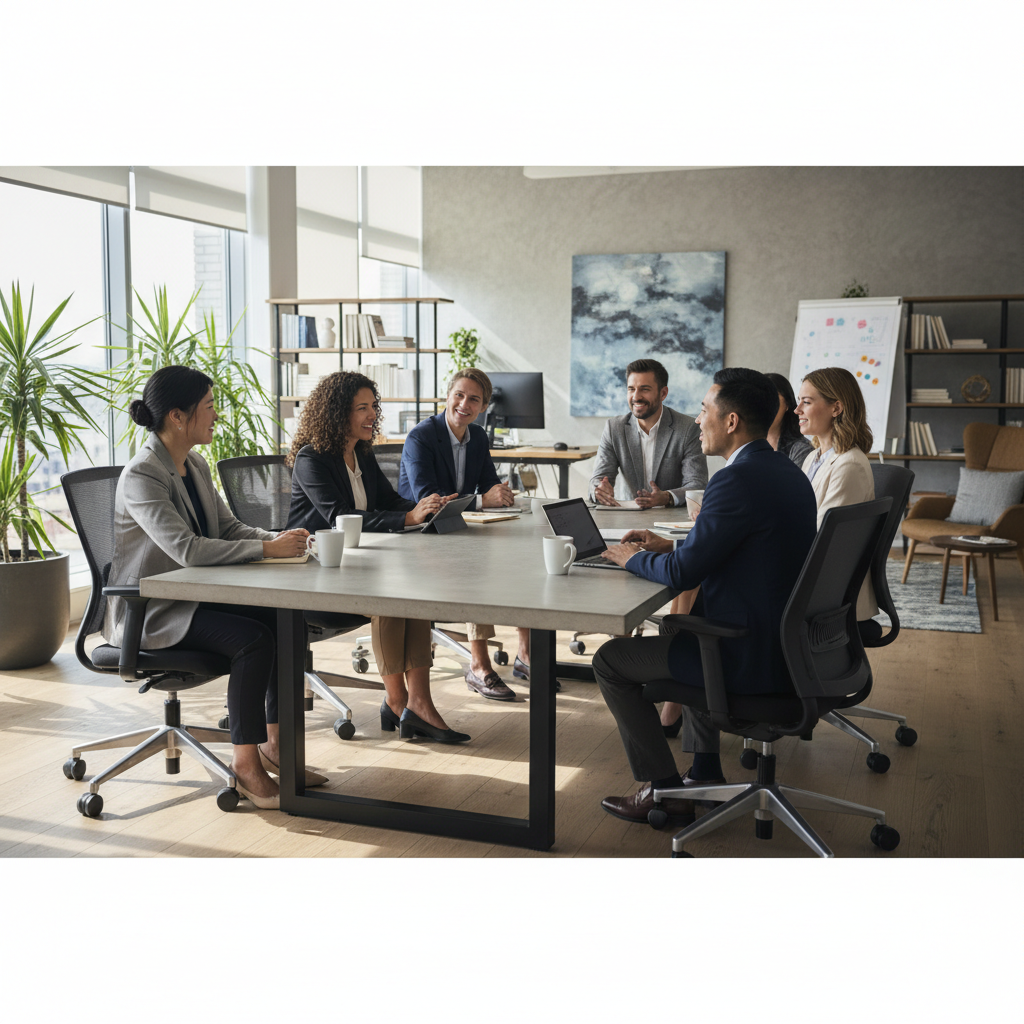 Angajați zâmbitori și relaxați stând pe scaune ergonomice într-un birou modern, având o discuție productivă și colaborativă.