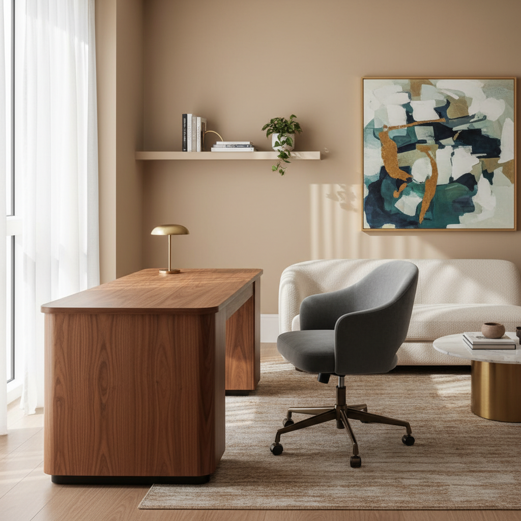 Spațiu de birou modern, cu scaun ergonomic și masă elegantă, ilustrând designul atemporal.