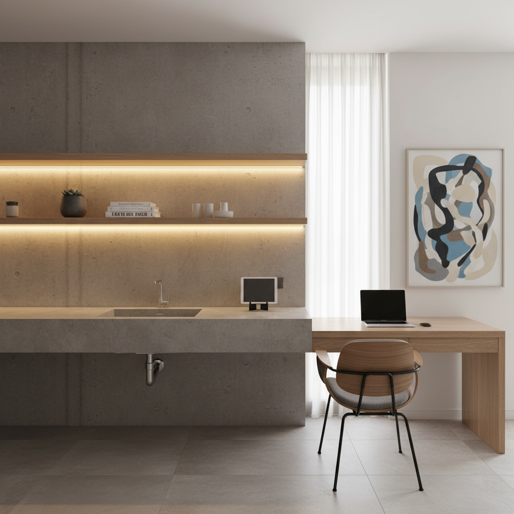 Raft inteligent cu design minimalist integrat într-o bucătărie modernă, ilustrând funcționalitatea multifuncțională și estetica curată.