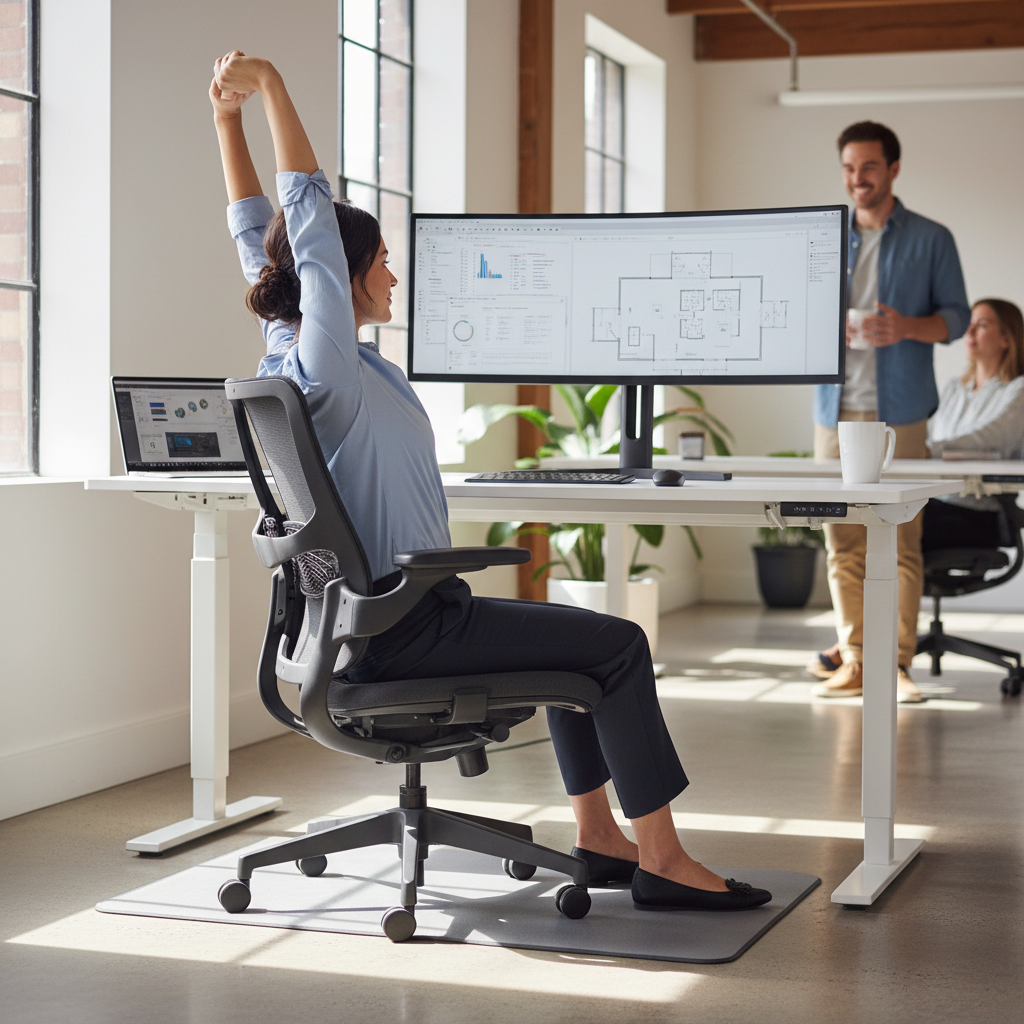 Persoană într-un scaun ergonomic de birou, lucrând la laptop și monitor, cu o postură corectă și cu momente de pauză pentru detensionare și interacțiune socială, într-un birou modern și luminos.