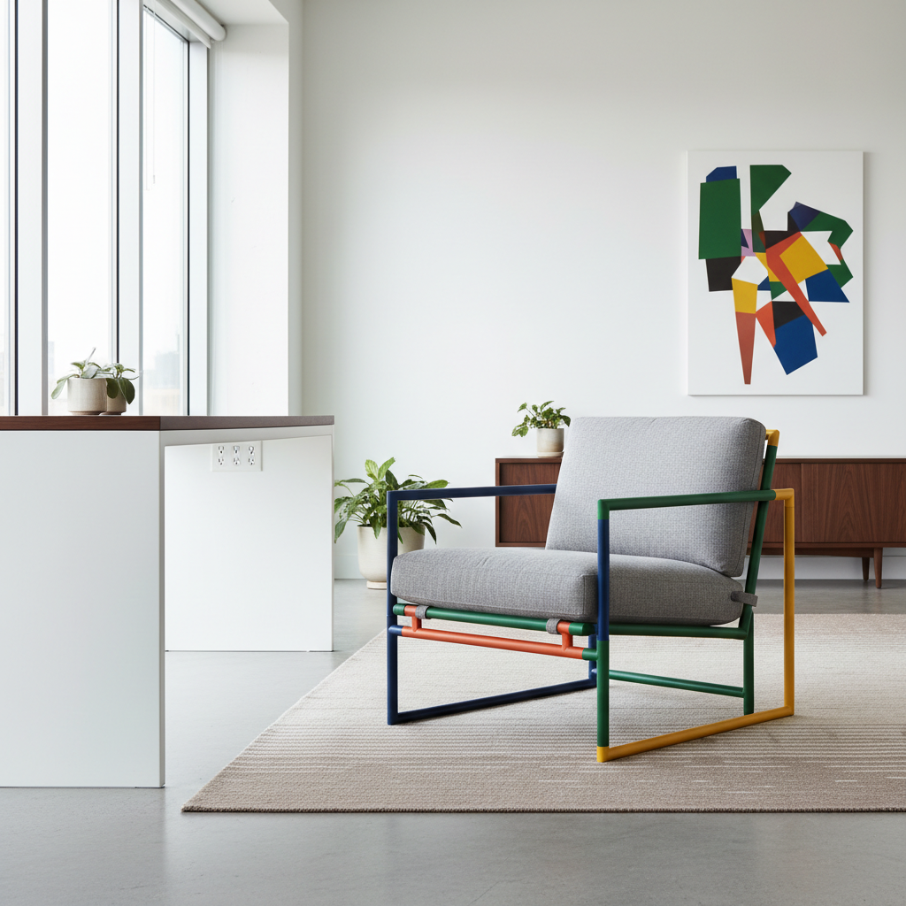Scaunul Morrison Hannah de la Knoll într-un birou modern și stilat, cu o ramă colorată din aluminiu și șezut tapițat, evidențiind designul atemporal și confortul ergonomic.
