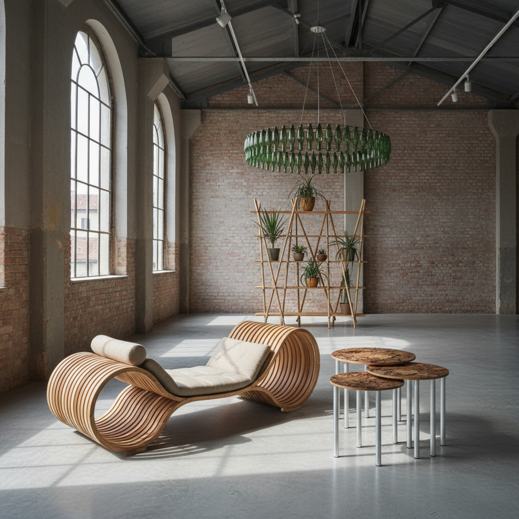 Piese de mobilier inovatoare expuse la Săptămâna Designului de la Milano, cu accent pe design sustenabil și funcționalitate.