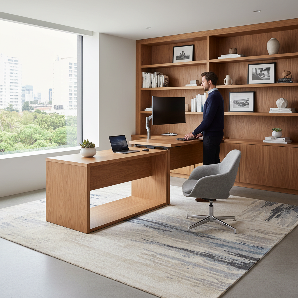 Birou electric ajustabil cu extensie rotativă, într-un birou modern și ergonomic.