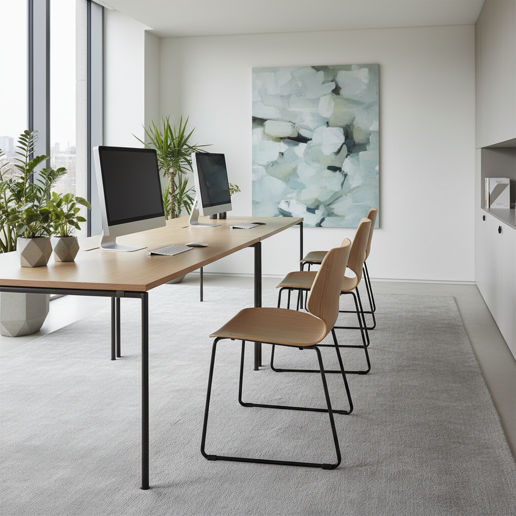 Colecție modernă de mobilier de birou Prostoria, inspirată de Vjenceslav Richter, cu scaune din lemn și metal.