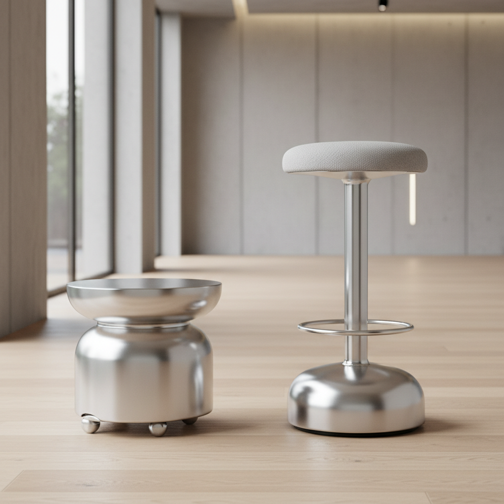 Două scaune Allround NII: un taburet scurt cu roți ascunse și un taburet de bar înalt cu șezut pivotant, ambele din aluminiu lucios, într-un interior modern.