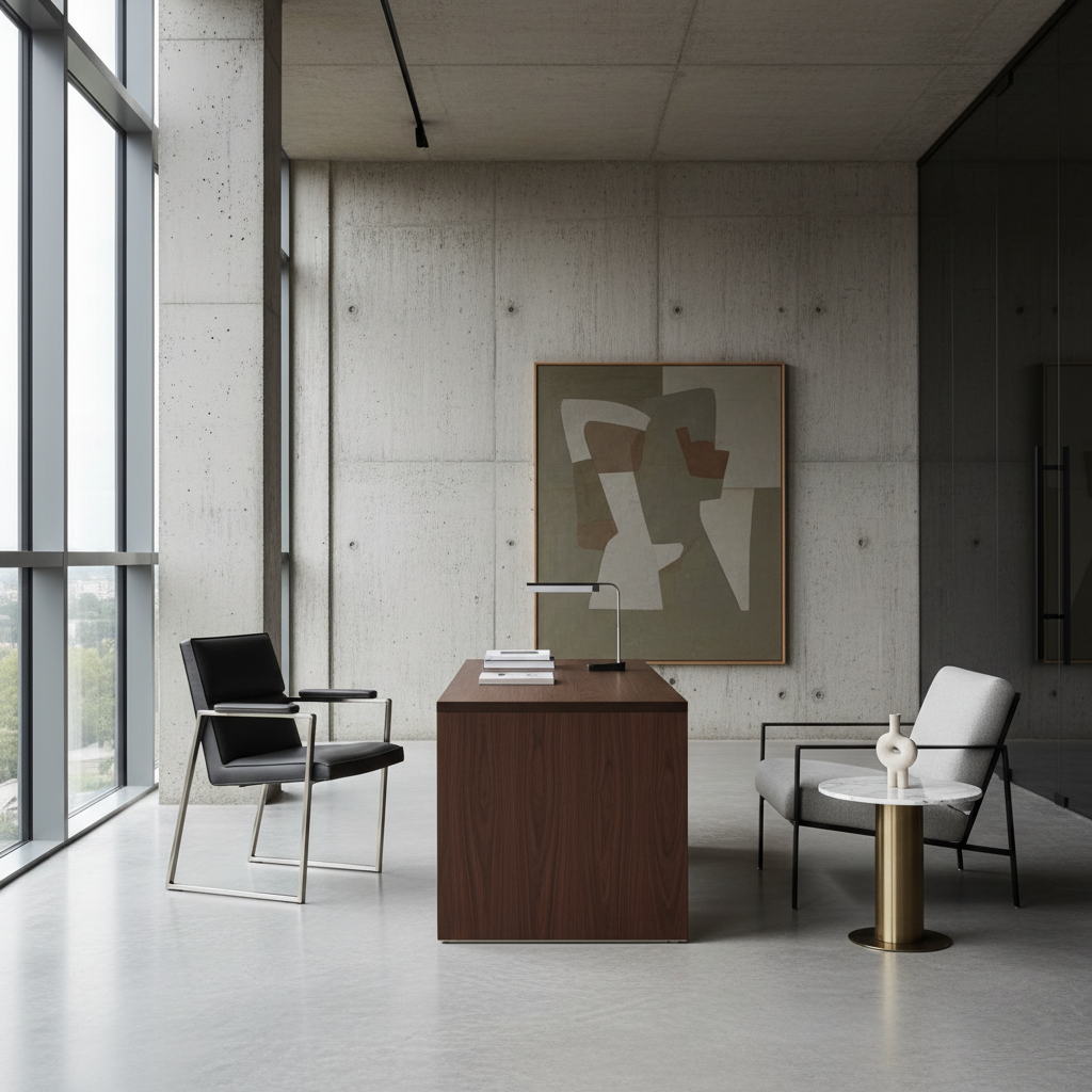 Mobilier iconic reeditat de Ikonstudio, integrat într-un spațiu de birou modern.