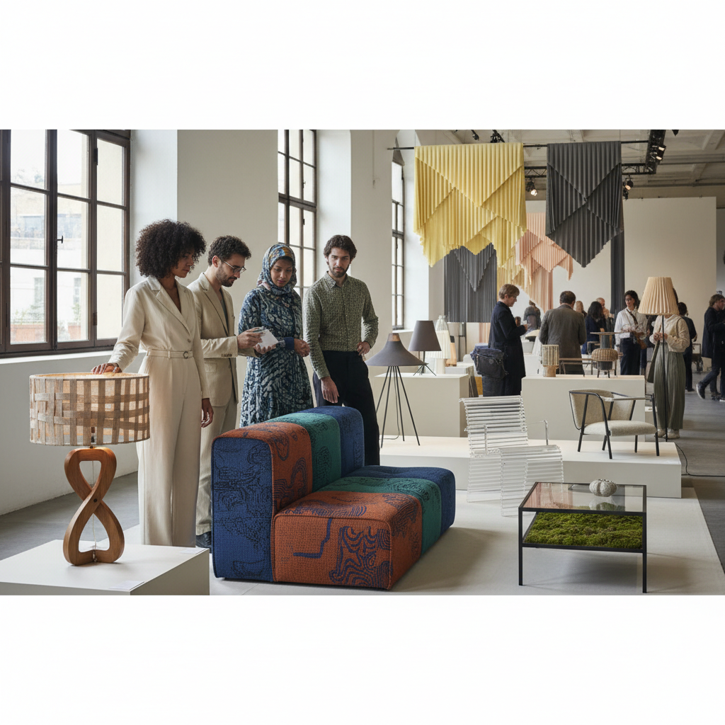 Tineri designeri internaționali prezentându-și prototipurile inovatoare de mobilier și textile la o expoziție de design modern.