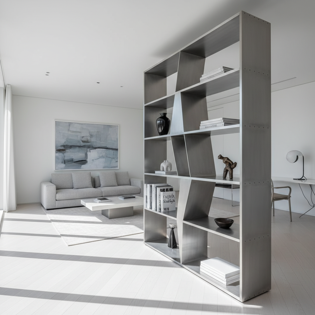 Biblioteca Ryo, un design minimalist din aluminiu, într-un interior modern, cu cărți și decorațiuni discrete.
