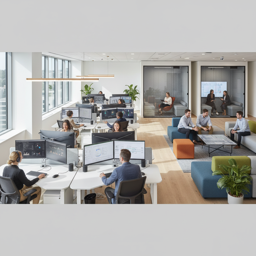 Spațiu de birou modern, centrat pe om, integrând tehnologii AI: zone de colaborare luminoase și spații de lucru individuale ergonomice.