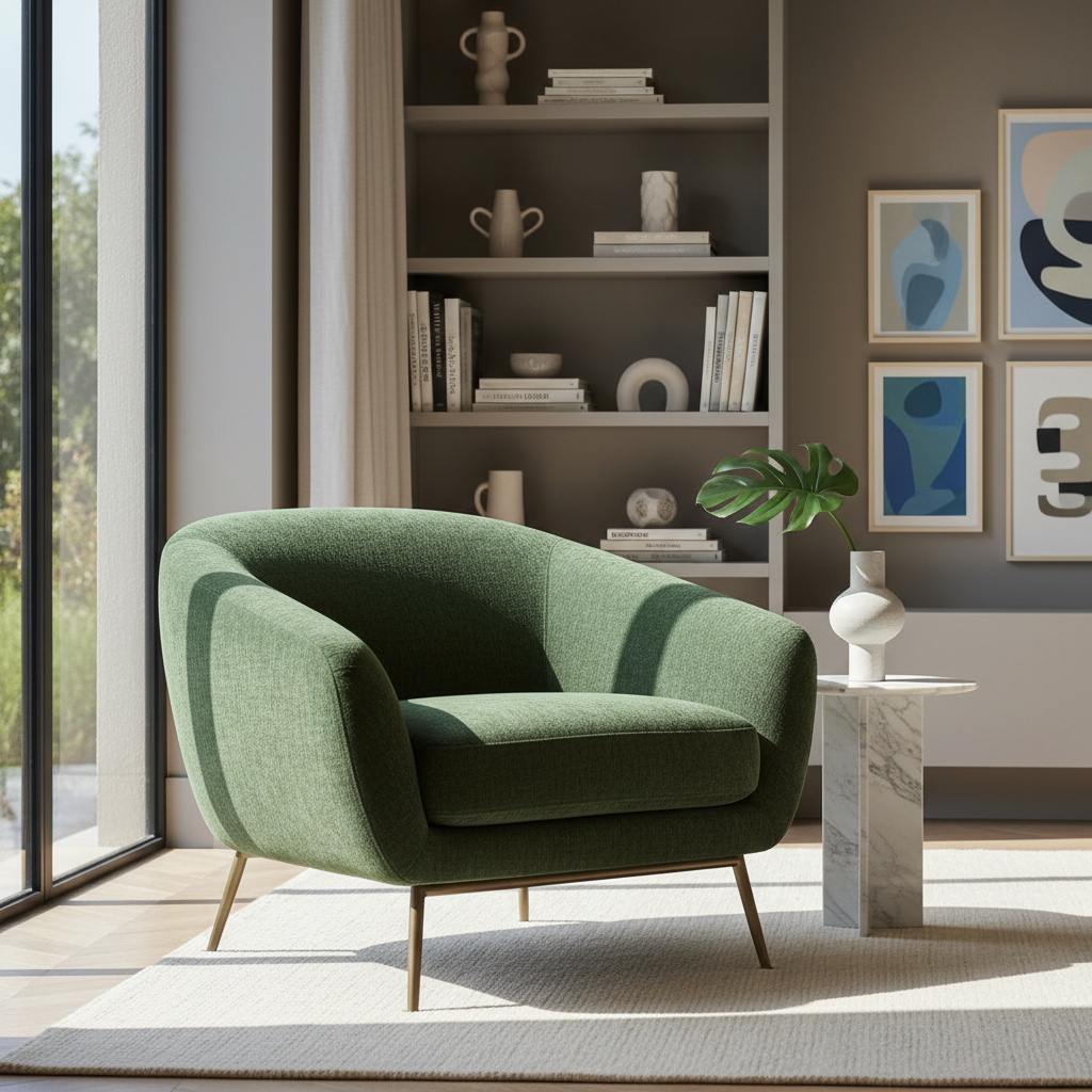 Fotoliu de design modern cu forme rotunjite și tapițerie elegantă într-un interior luminos.