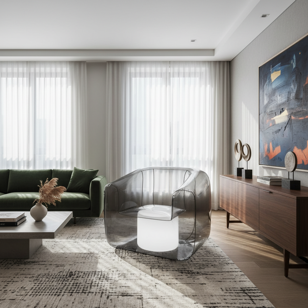Scaun gonflabil modern într-un living contemporan cu accente vibrante.