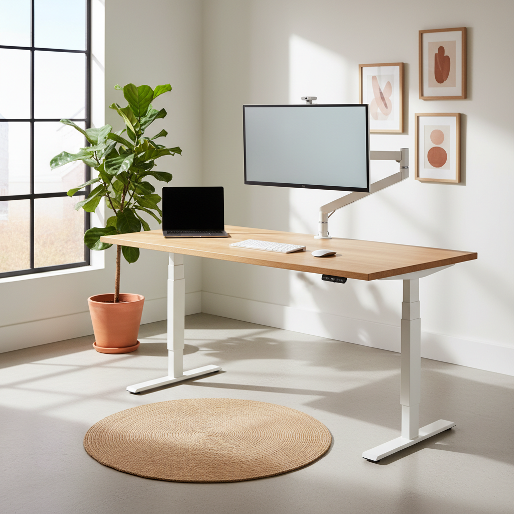 Un birou ergonomic modern, cu înălțime reglabilă, într-un birou de acasă bine luminat, cu monitor, tastatură și o saltea anti-oboseală.