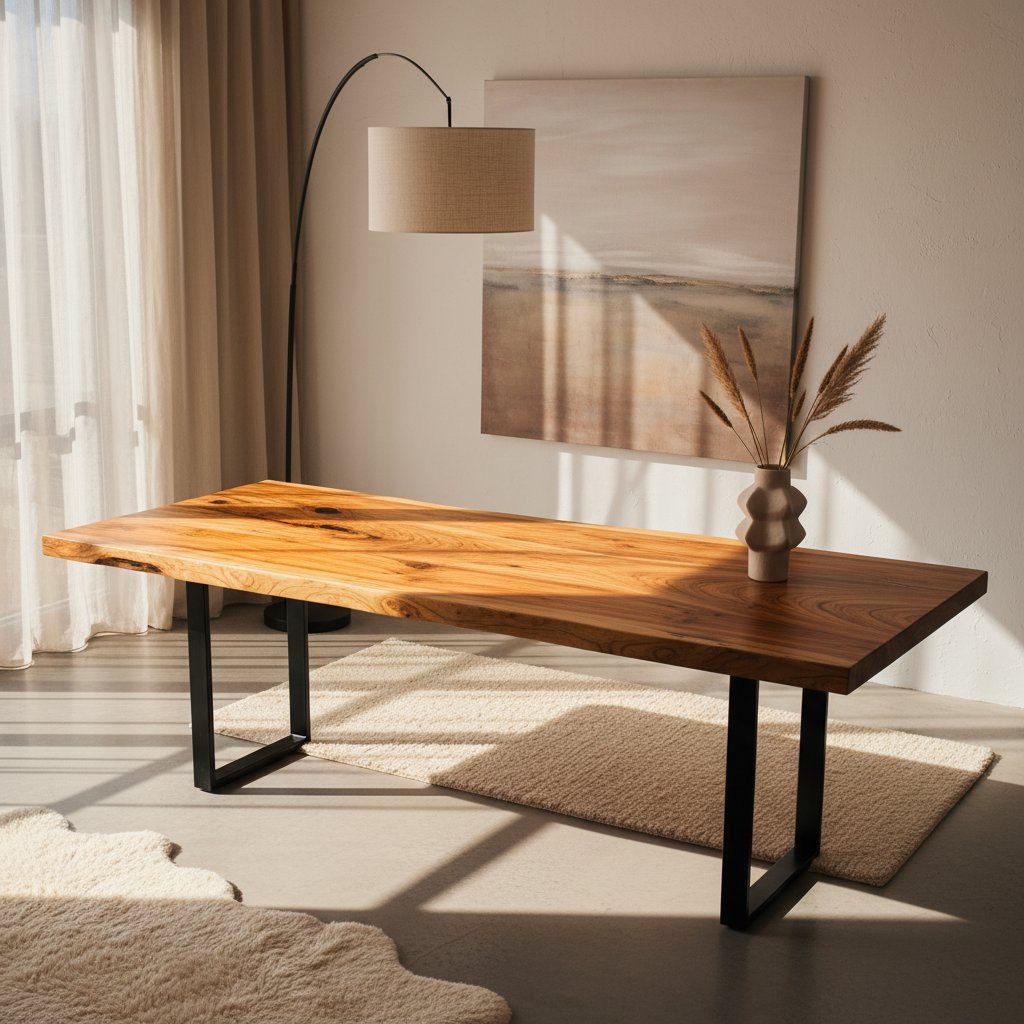 Mobilier modern din lemn masiv reciclat, cu o textură bogată, într-un interior contemporan luminos.