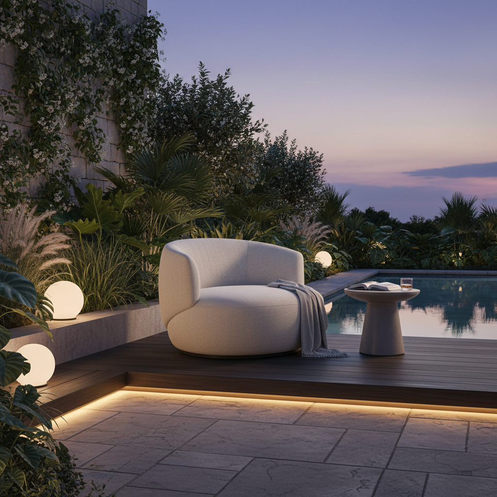 Fotoliu Kipu Club outdoor de la Lapalma, pe o terasă modernă, înconjurat de plante luxuriante, creând un spațiu elegant de relaxare.
