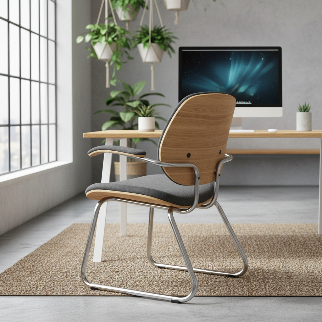 Scaun ergonomic WiChair cu design inovator din oțel și placaj, într-un birou modern.