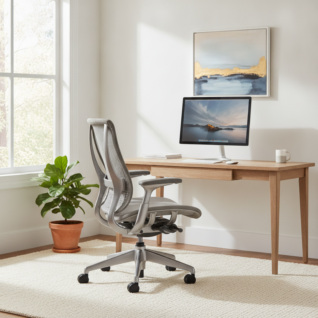 Un scaun ergonomic modern într-un birou acasă, cu design minimalist și lumină naturală.