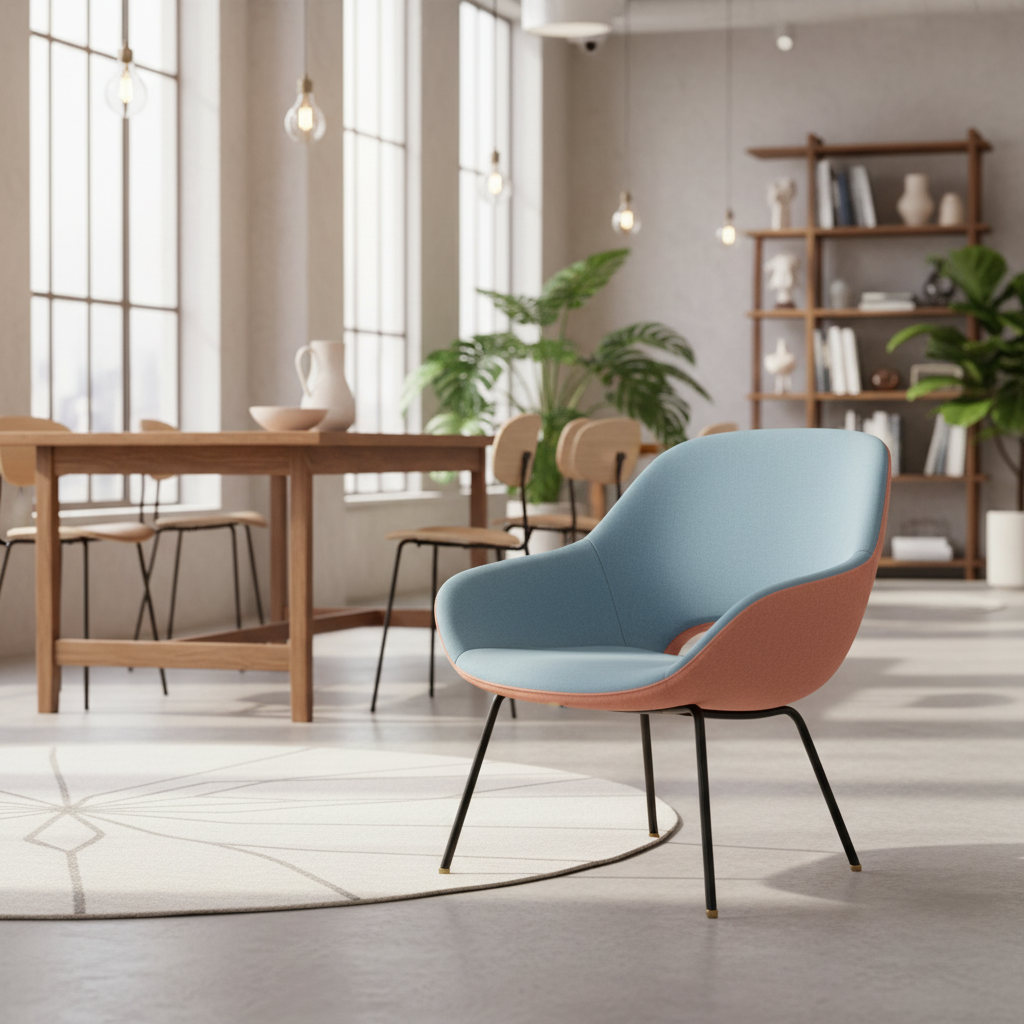 Scaun Lotti colorat într-un spațiu modern, exemplificând confort și design sustenabil.