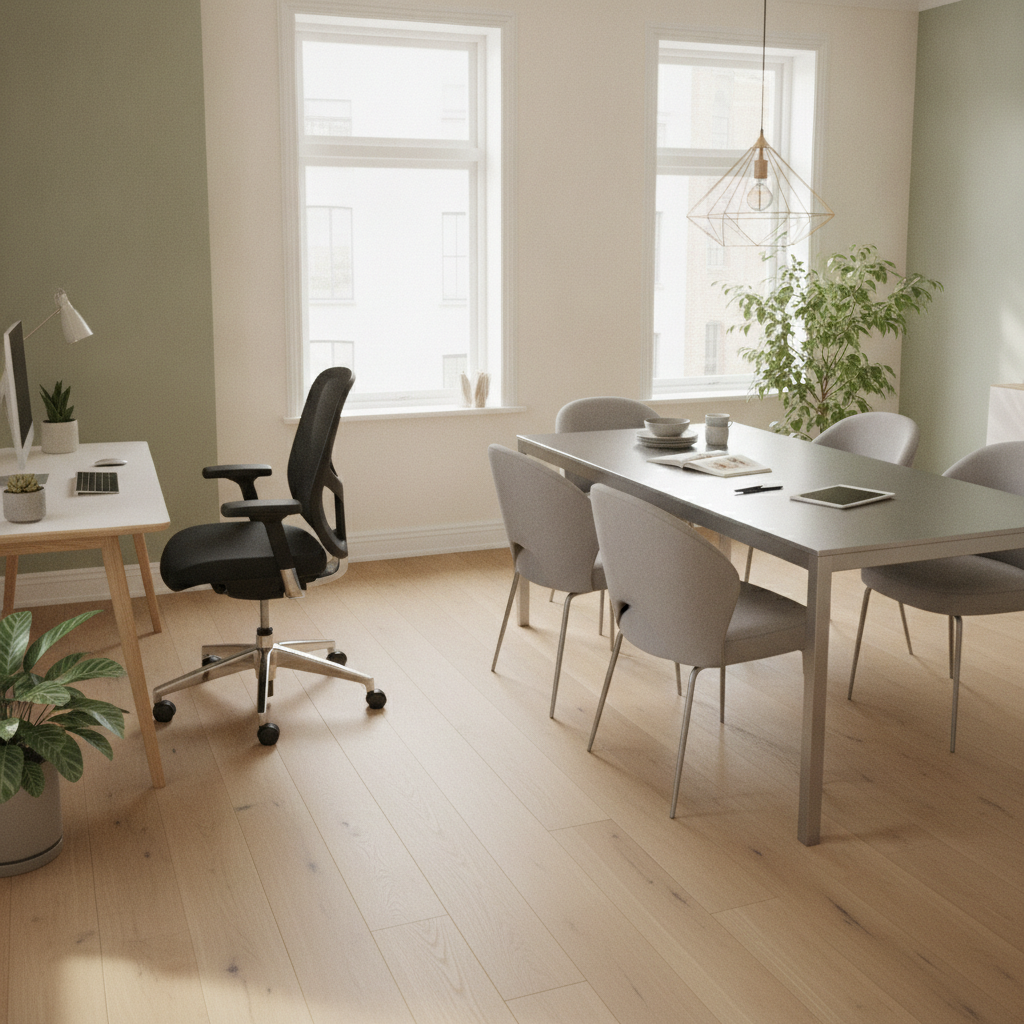 Un scaun ergonomic modern și o masă de dining elegantă din aluminiu într-un interior contemporan.