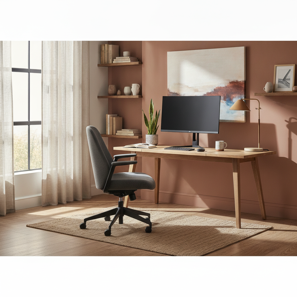 Un scaun ergonomic modern într-un birou acasă luminos, ilustrând designul accesibil și confortabil.