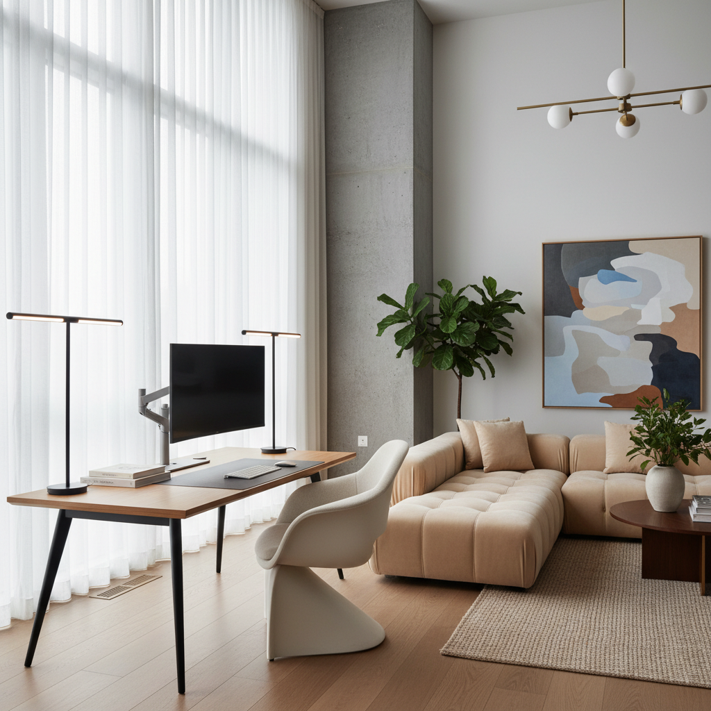 Interior modern cu birou ergonomic, iluminat ambiental și canapea modulară.