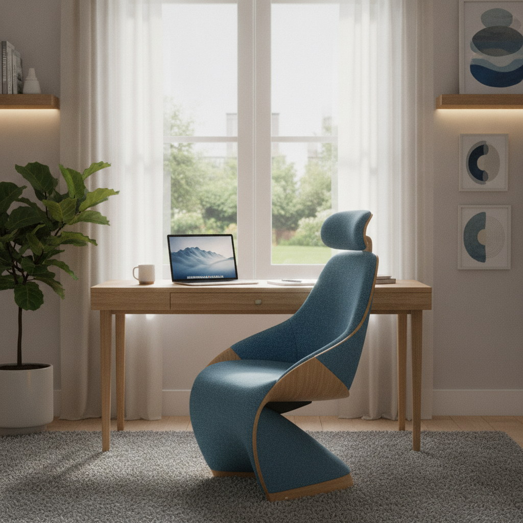Scaun ergonomic modern într-un birou acasă, simbolizând confort și productivitate.