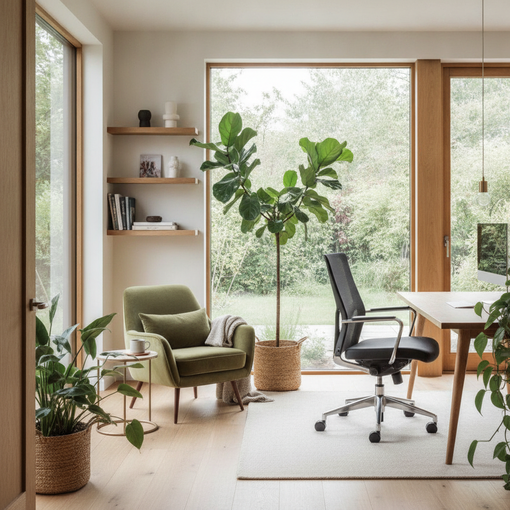 Un spațiu modern care îmbină biroul ergonomic cu zona de relaxare acasă, simbolizând confort și demnitate.