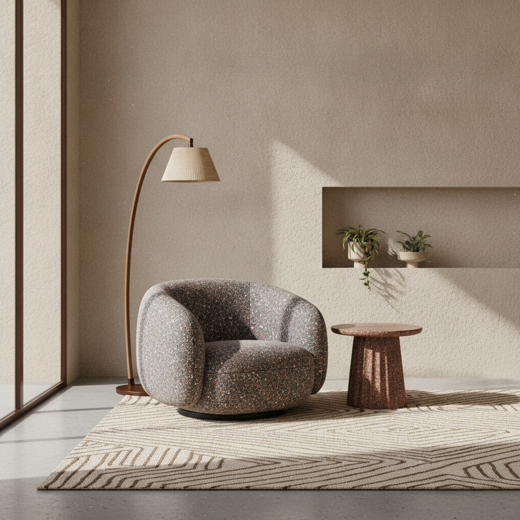 Mobilier modern din materiale reciclate, incluzând un scaun și o măsuță cu texturi unice, într-un spațiu de birou minimalist cu lumină naturală.