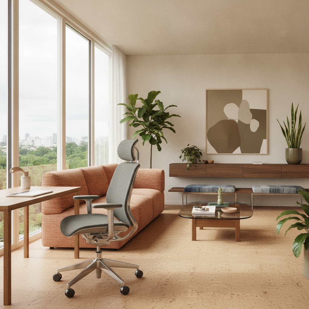 Interior modern cu scaun ergonomic, canapea modulară și bancă din materiale sustenabile.