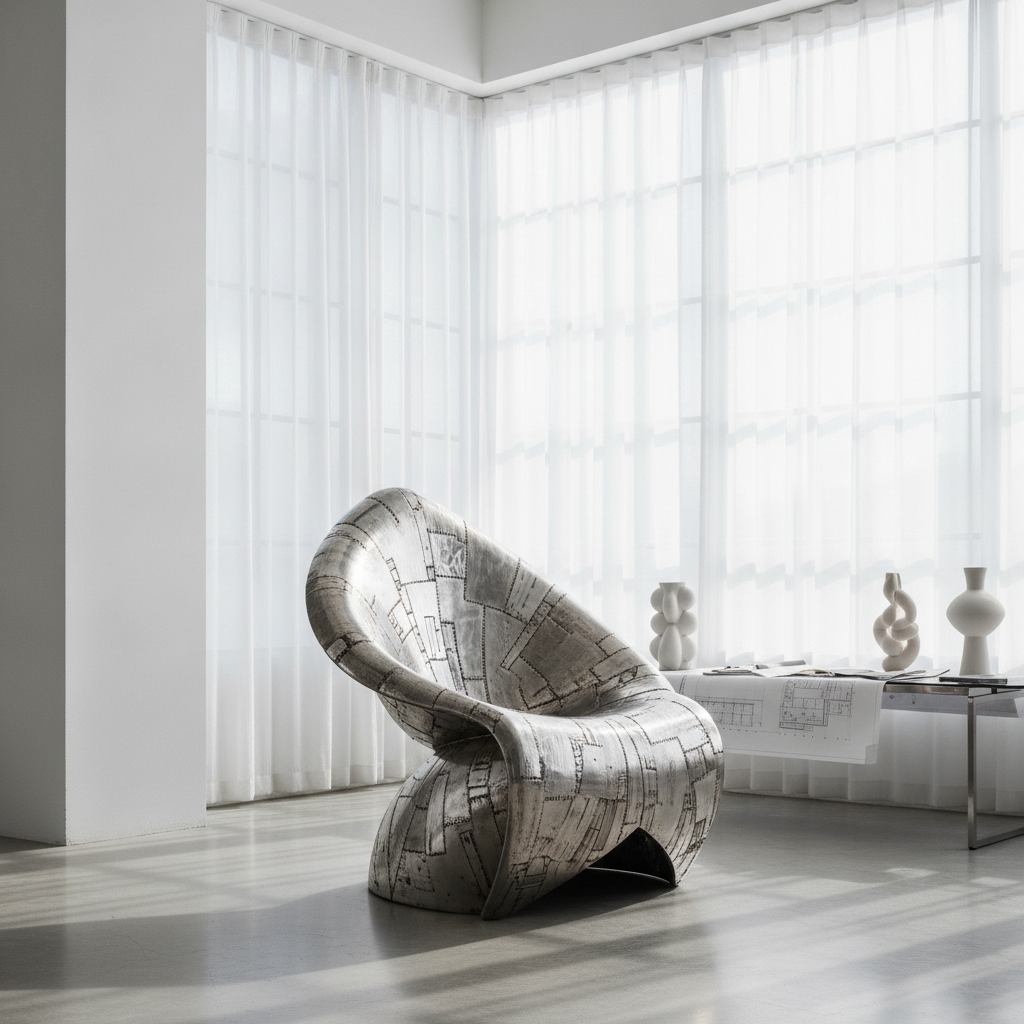 Scaun design modern din metal reciclat, inspirat de forme florale, într-o amenajare interioară contemporană.