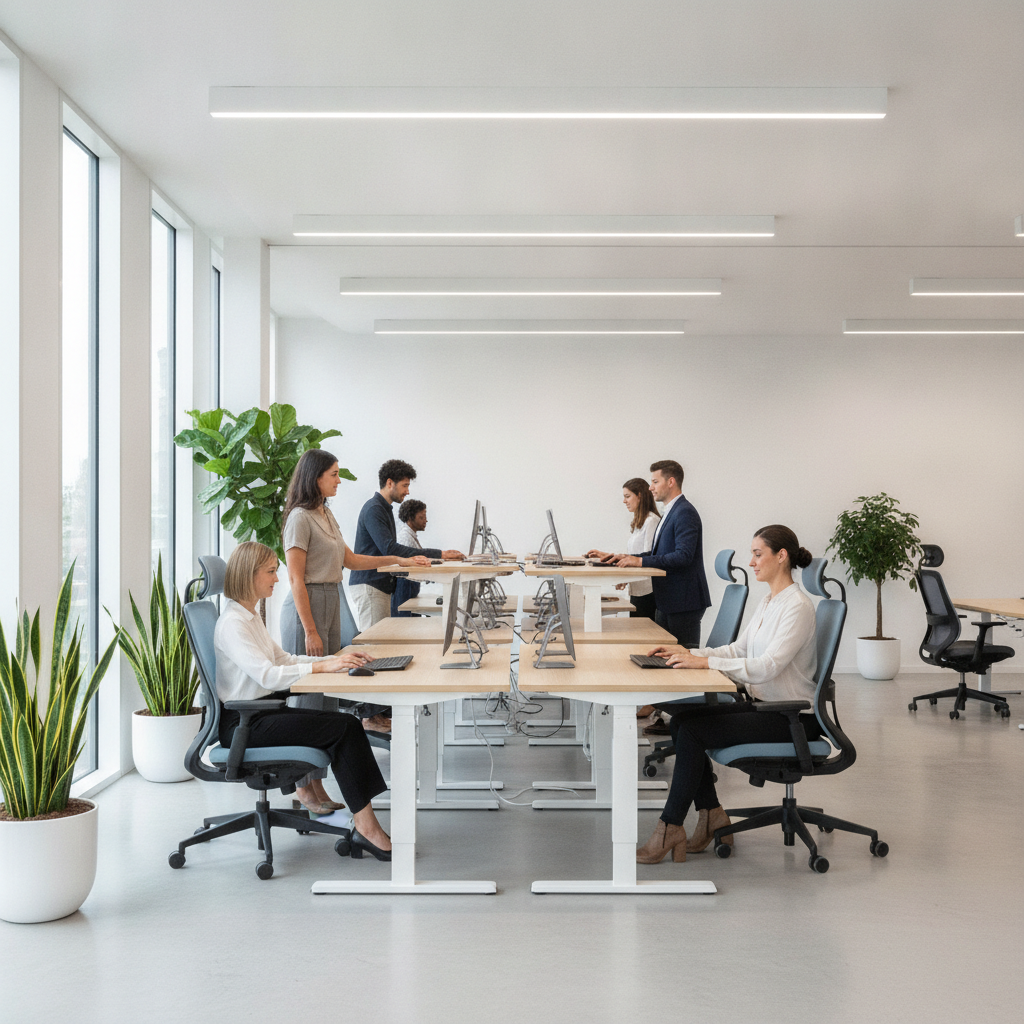 Imagine generală a unui birou modern open-space, cu mai multe stații de lucru partajate, dotate cu scaune ergonomice ajustabile și birouri reglabile, în lumină naturală.