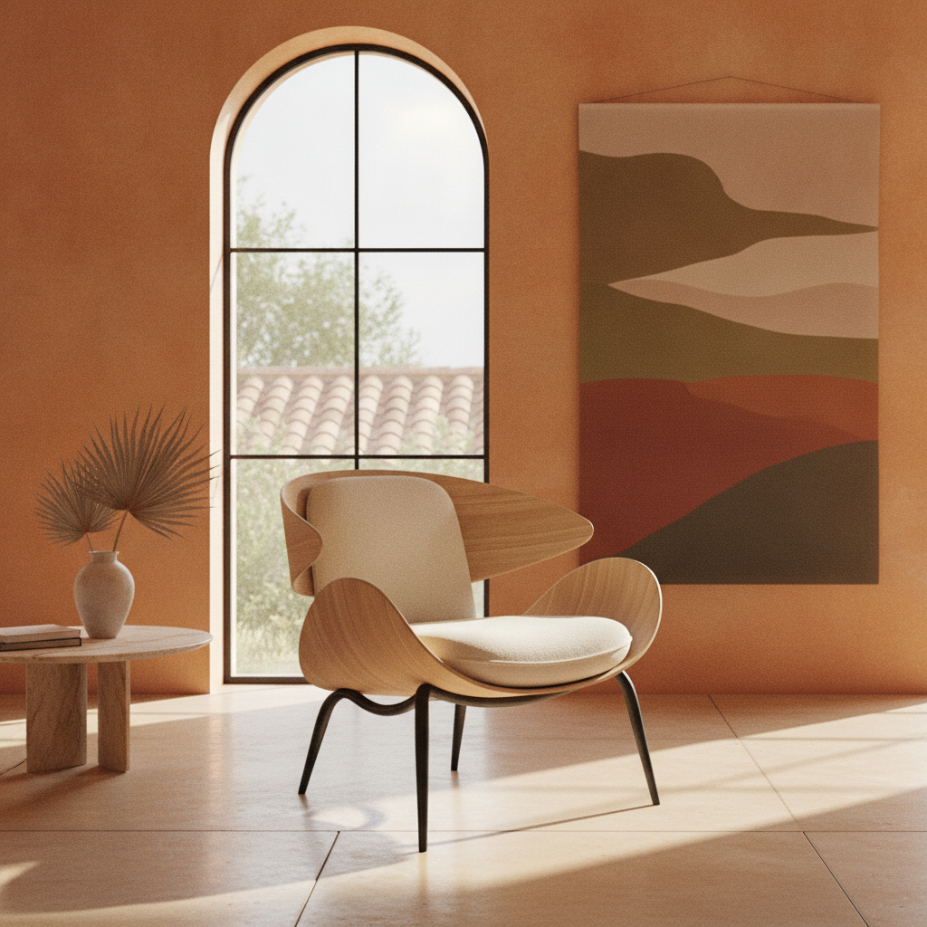 Scaun modern de birou cu design organic, inspirat de natura, într-un interior luminos.